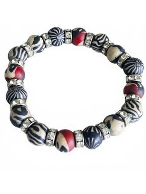 Zebra Print Ethnic Polymer Clay Beaded Stretch Bracelet